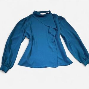 Judy Bond Women’s Blouse, Teal Blue, Size 14, 1970s/80s